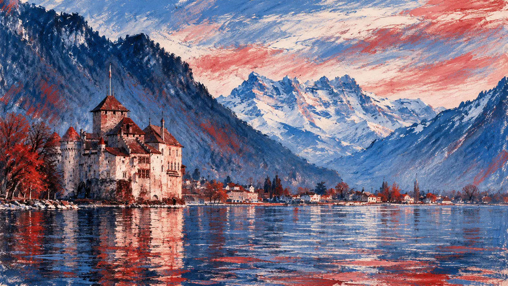 Painted view of Château de Chillon on Lake Geneva with snow-capped Alps rising behind